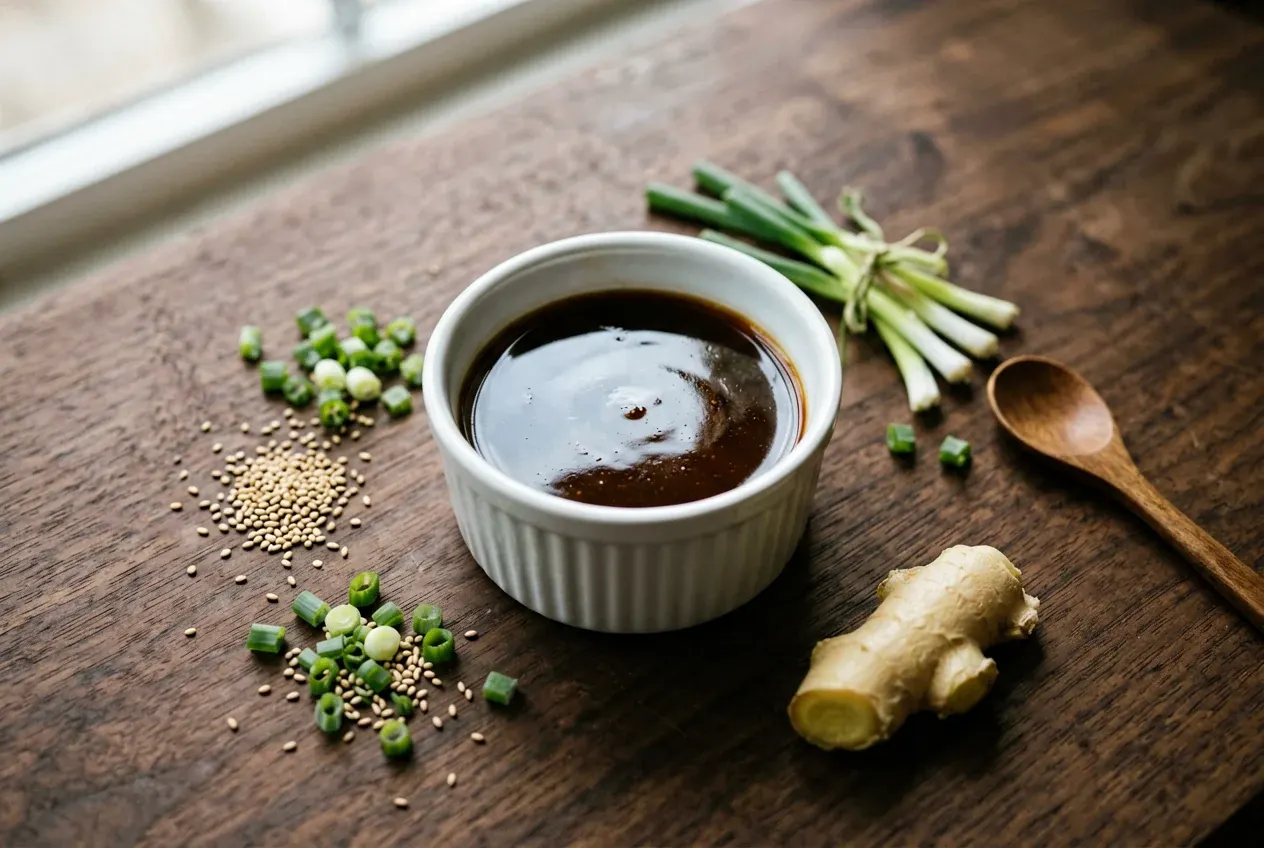 Ореховый соус с арахисом и кунжутом на тёмной деревянной доске, вид сверху