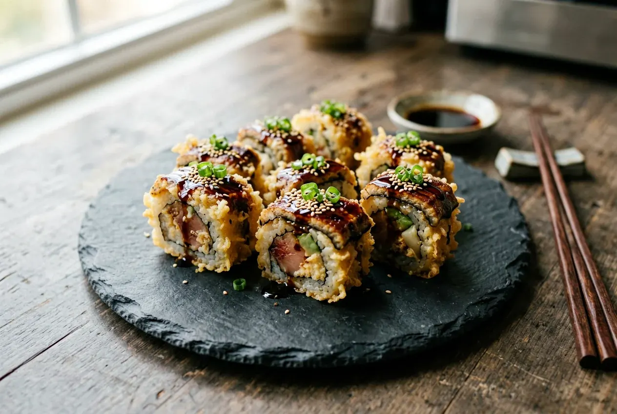 Темпура с грибами шиитаке на тёмной деревянной доске, вид сверху