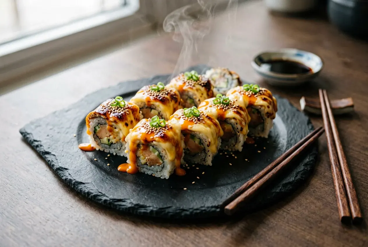 Запечённая Калифорния под спайси-майо на тёмной деревянной доске, вид сверху