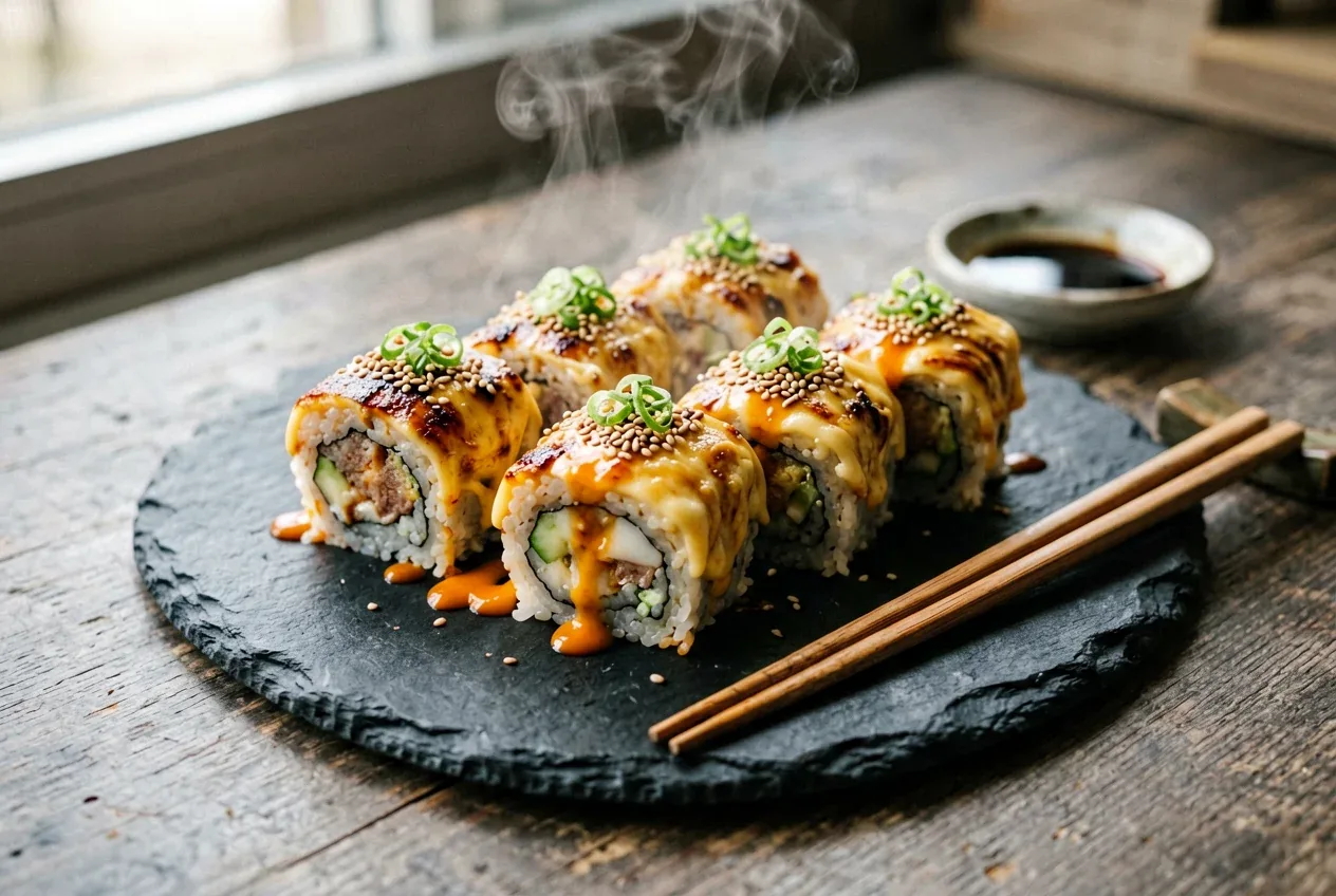 Запечённый с тигровой креветкой и спайси на тёмной деревянной доске, вид сверху