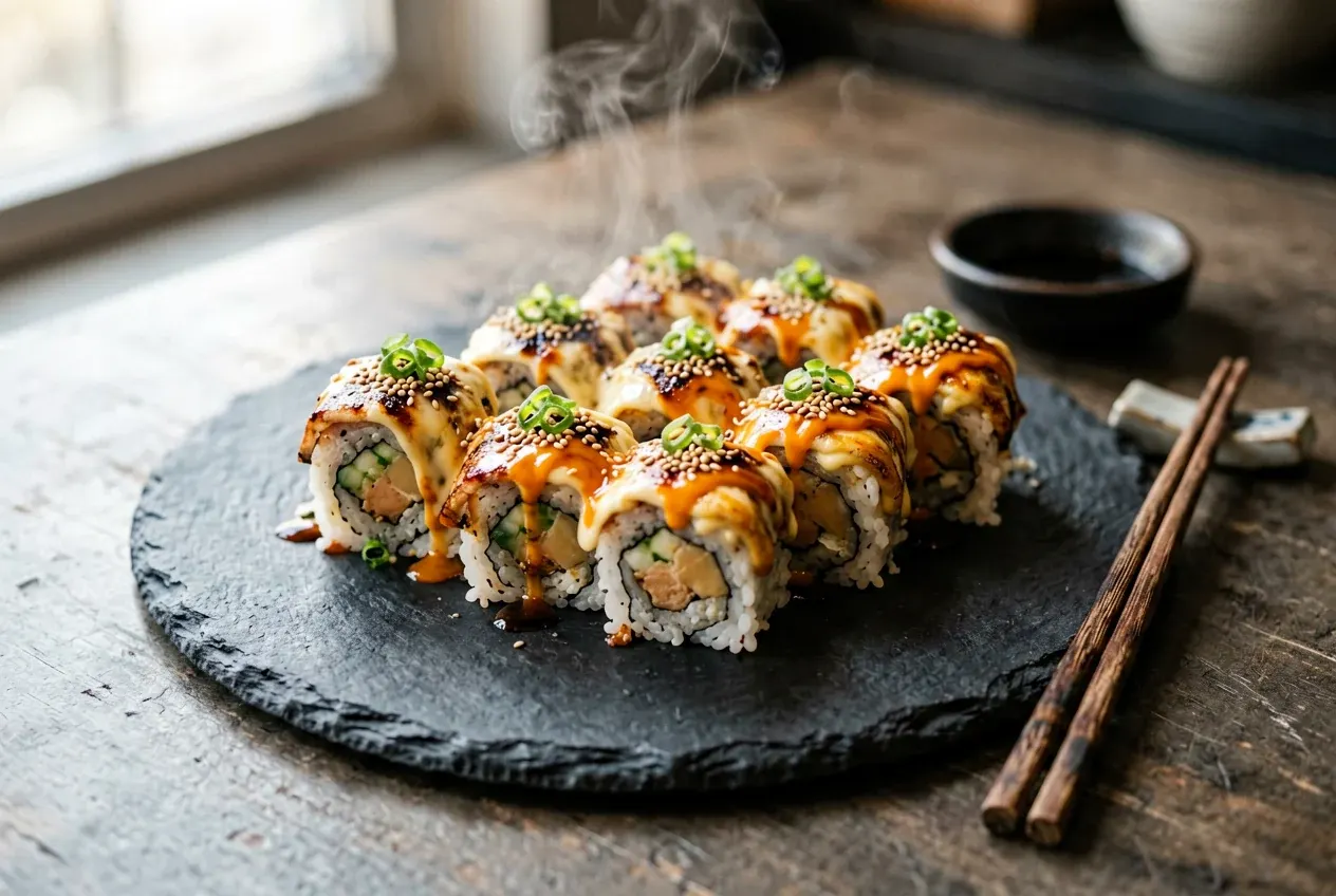 Запечённый с тунцом и сладким перцем на тёмной деревянной доске, вид сверху