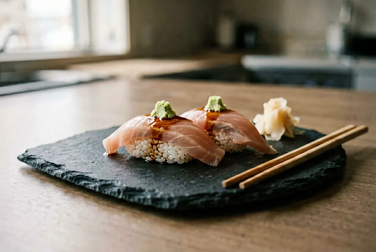 Нигири с угрём и соусом унаги на тёмной деревянной доске, вид сверху