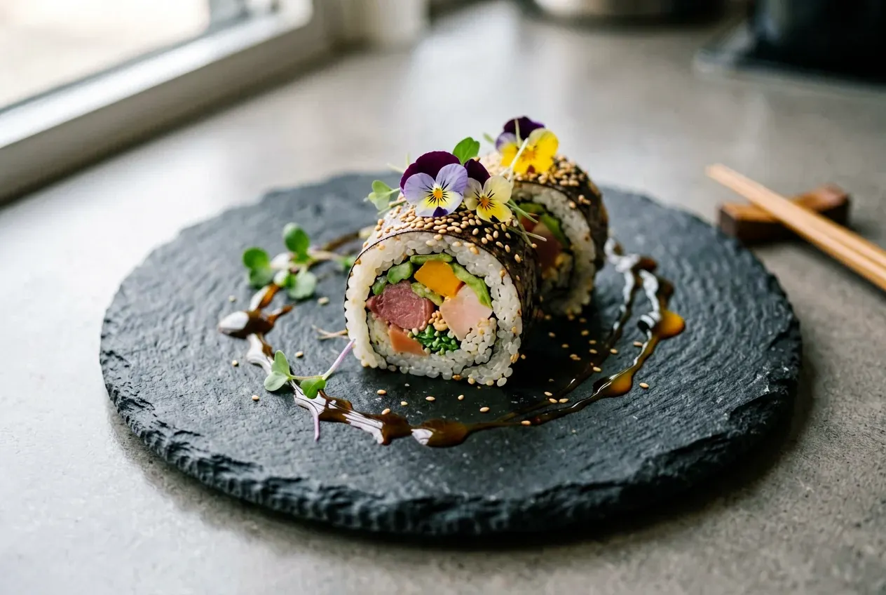 Ролл с лососем и икрой пасты на тёмной деревянной доске, вид сверху