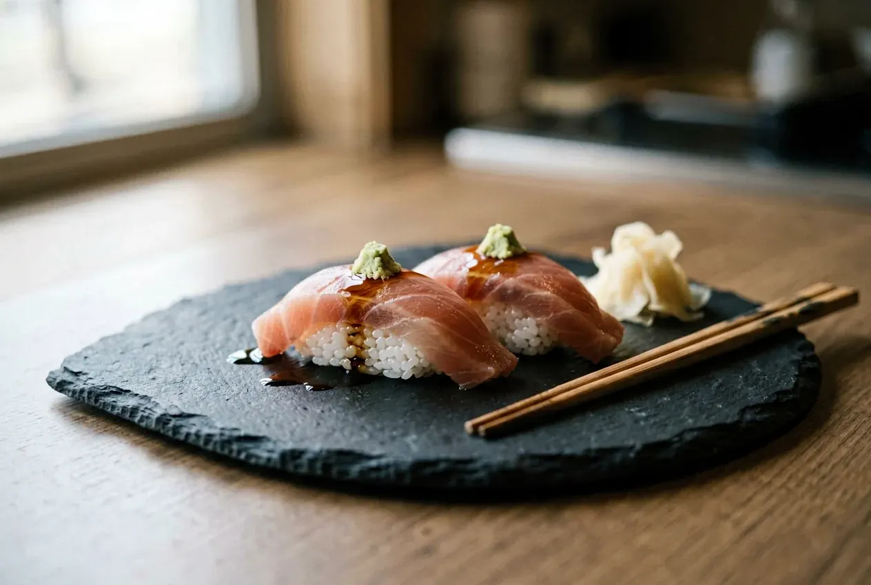 Нигири с белой рыбой и юдзу на тёмной деревянной доске, вид сверху