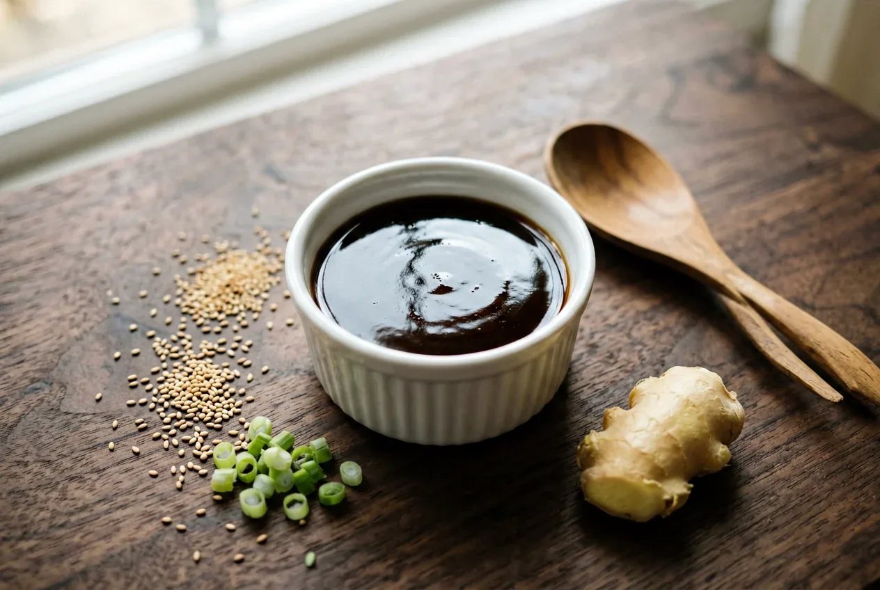 Сырный соус для запечённых роллов на тёмной деревянной доске, вид сверху