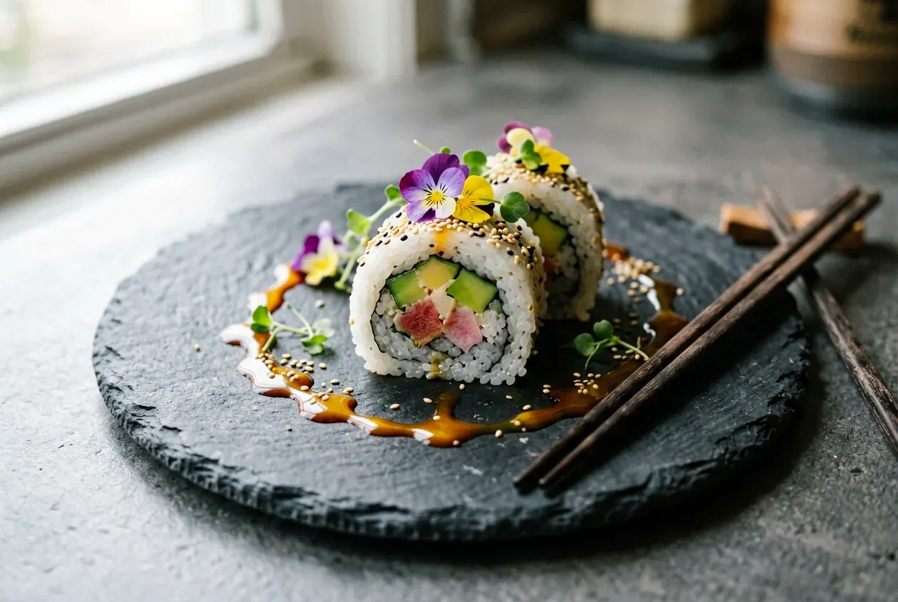 Веганский ролл с тофу и авокадо на тёмной деревянной доске, вид сверху