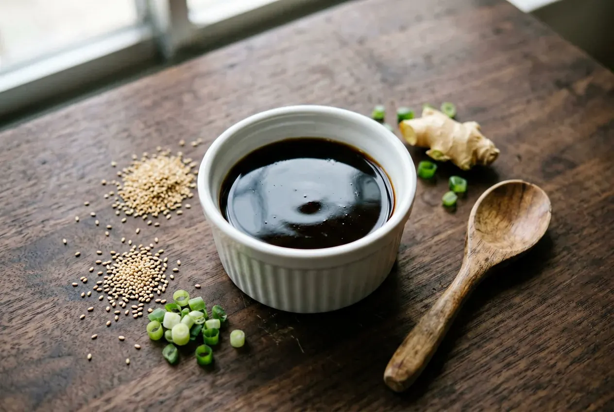 Заправка для риса: уксус, сахар, соль на тёмной деревянной доске, вид сверху