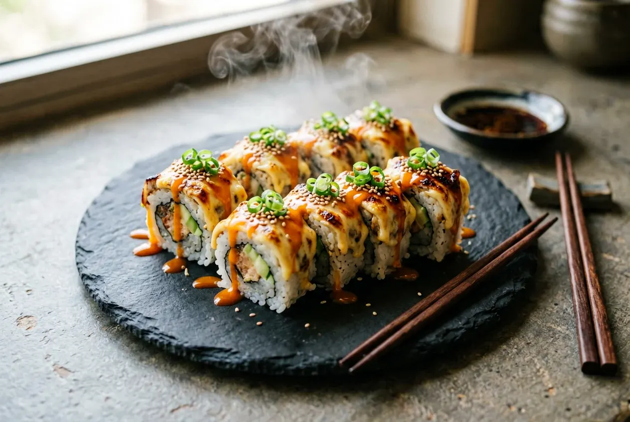 Запечённый с угрём и манго на тёмной деревянной доске, вид сверху