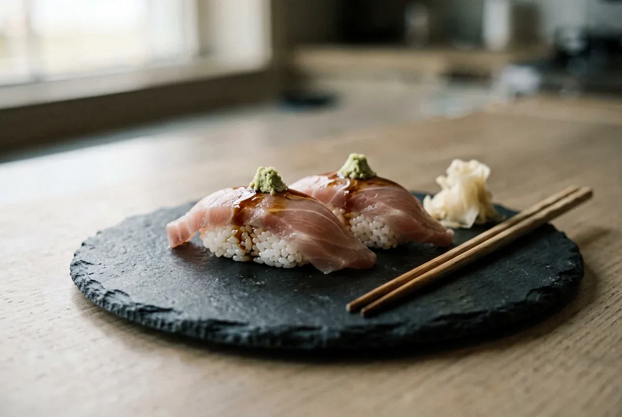 Нигири с белым окунем на тёмной деревянной доске, вид сверху