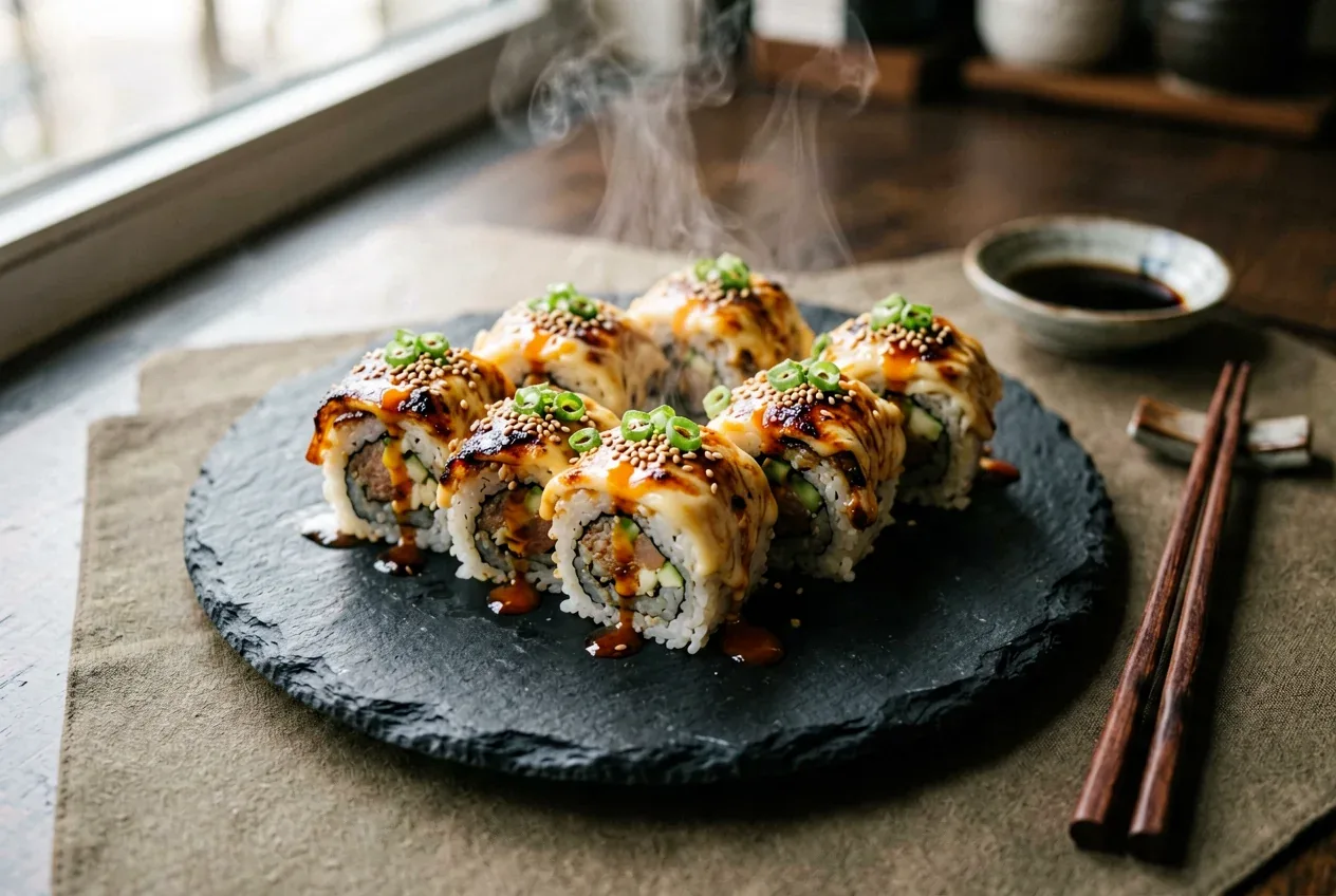 Запечённый с двумя сырами на тёмной деревянной доске, вид сверху