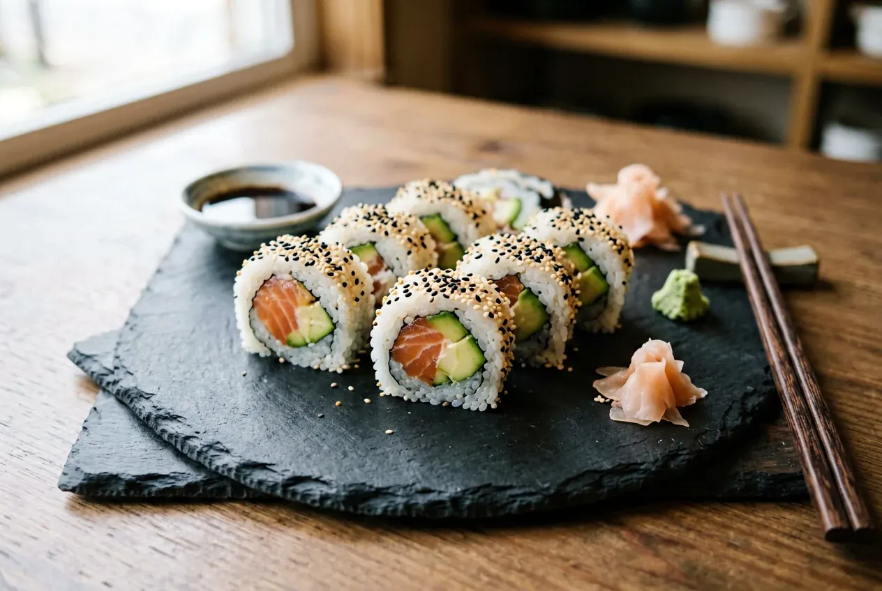 Калифорния микс с тремя видами рыбы на тёмной деревянной доске, вид сверху