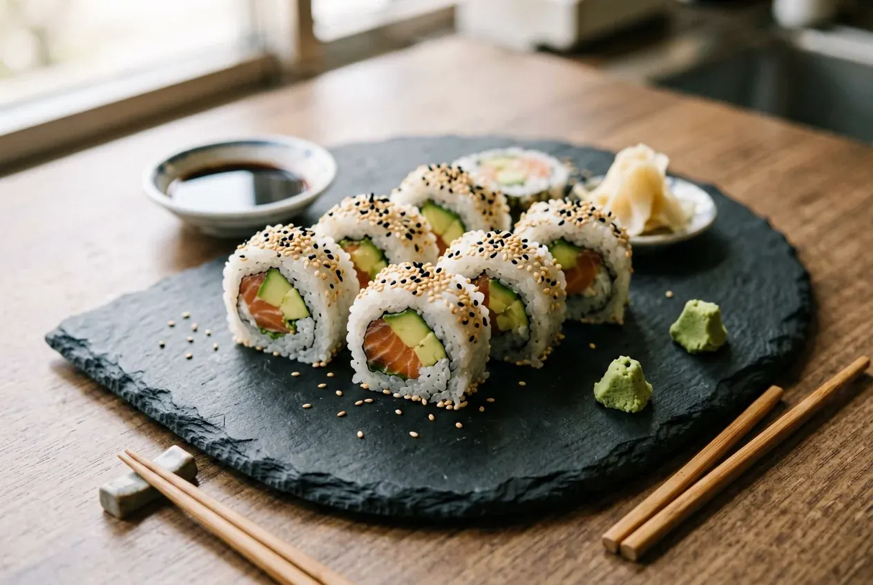 Филадельфия с тунцом на тёмной деревянной доске, вид сверху