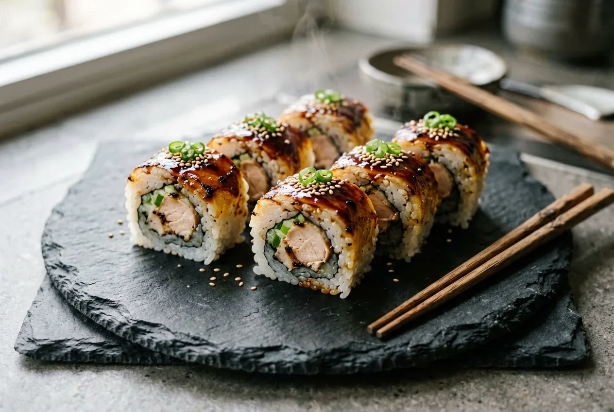 Запечённый с курицей терияки крупным планом на сланцевой тарелке