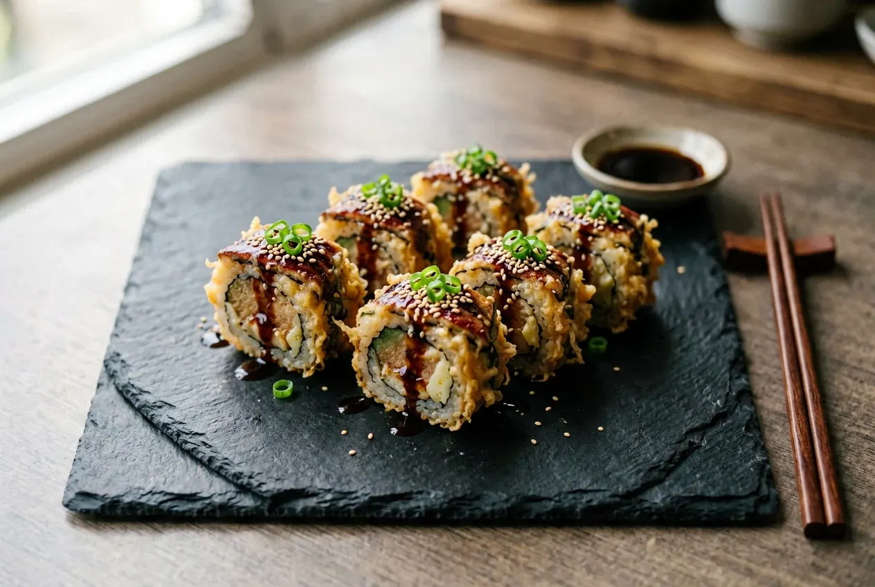 Темпура с крабом и авокадо на тёмной деревянной доске, вид сверху