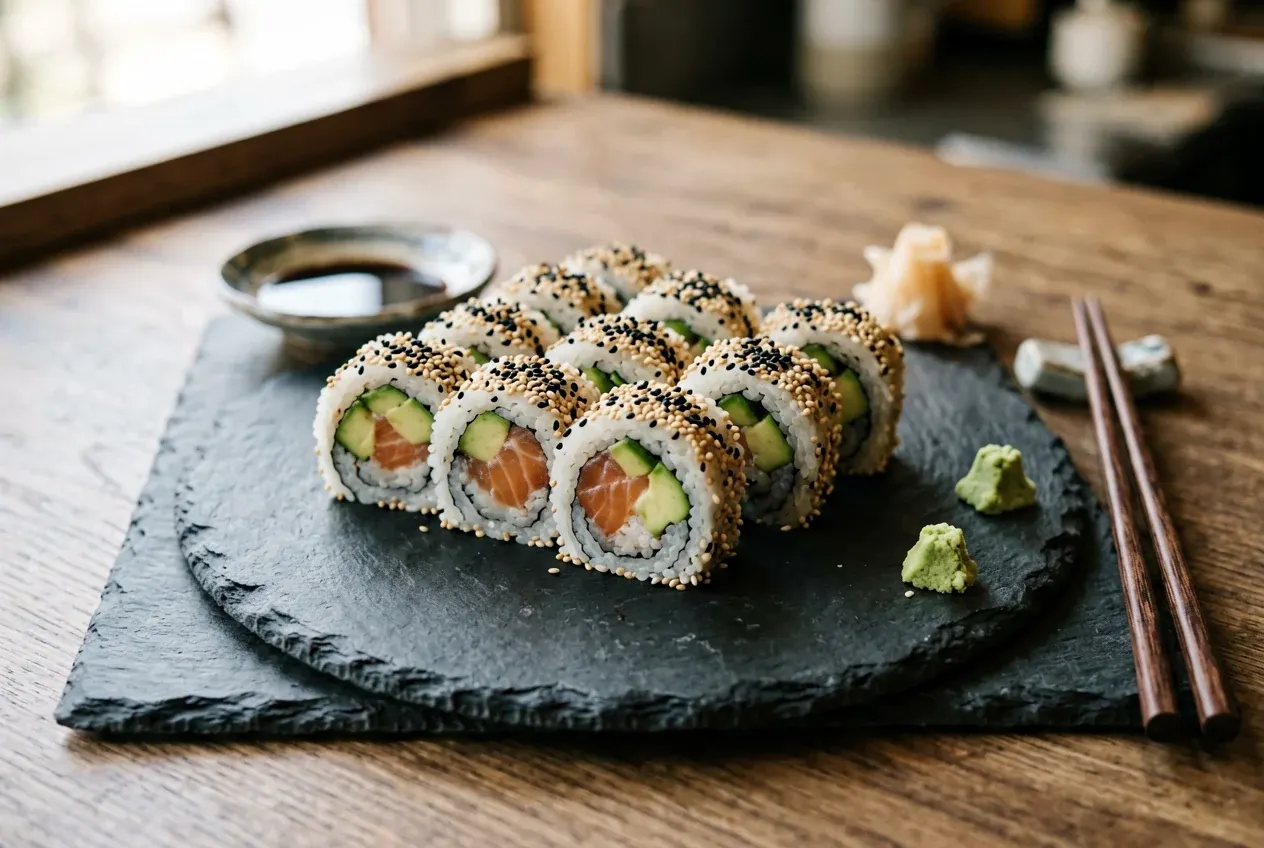 Сёгун с тунцом и икрой лосося на тёмной деревянной доске, вид сверху