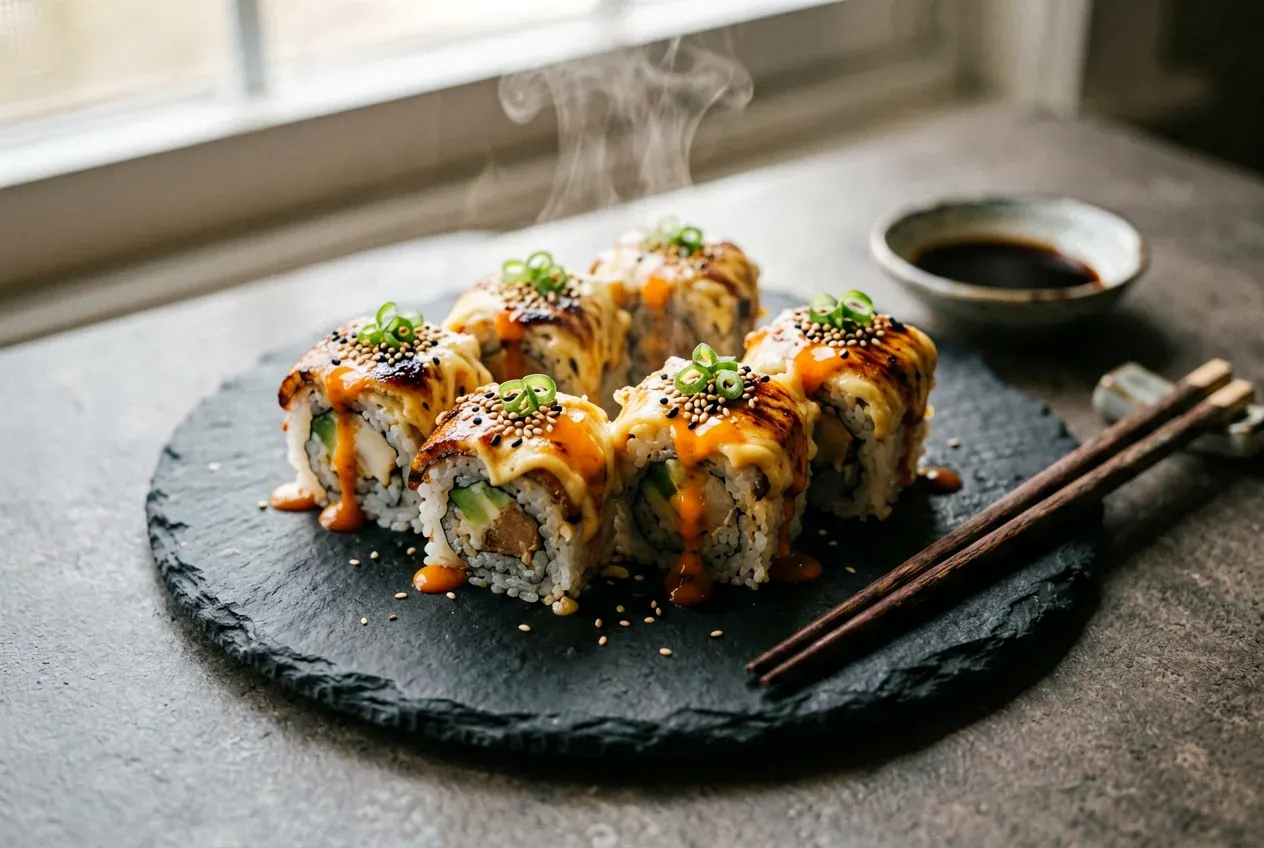 Запечённый с тунцом и луком на тёмной деревянной доске, вид сверху