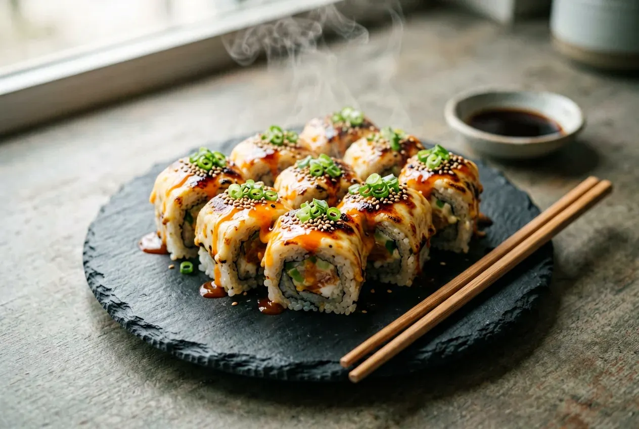 Запечённый ролл с угрём и спайси-соусом на тёмной деревянной доске, вид сверху