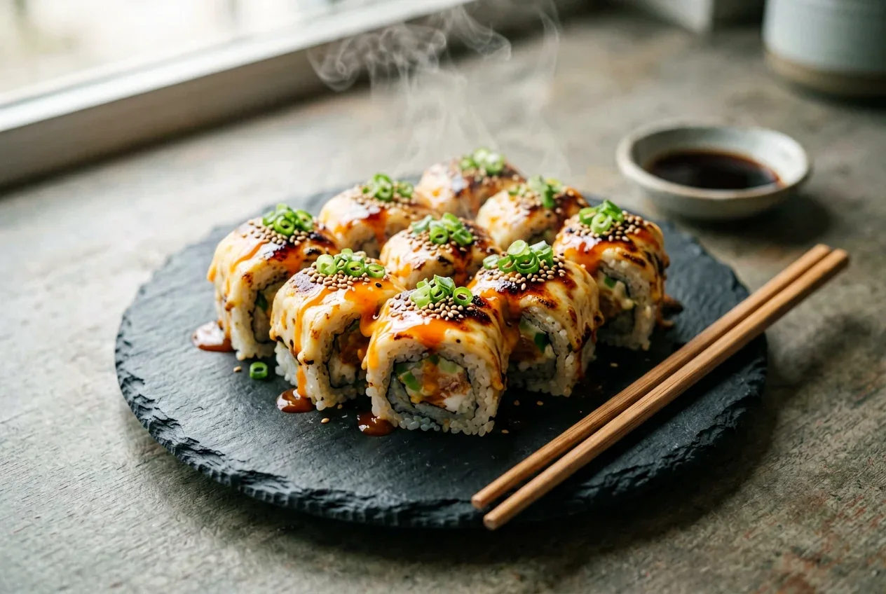 Запечённый ролл с угрём и спайси-соусом на тёмной деревянной доске, вид сверху