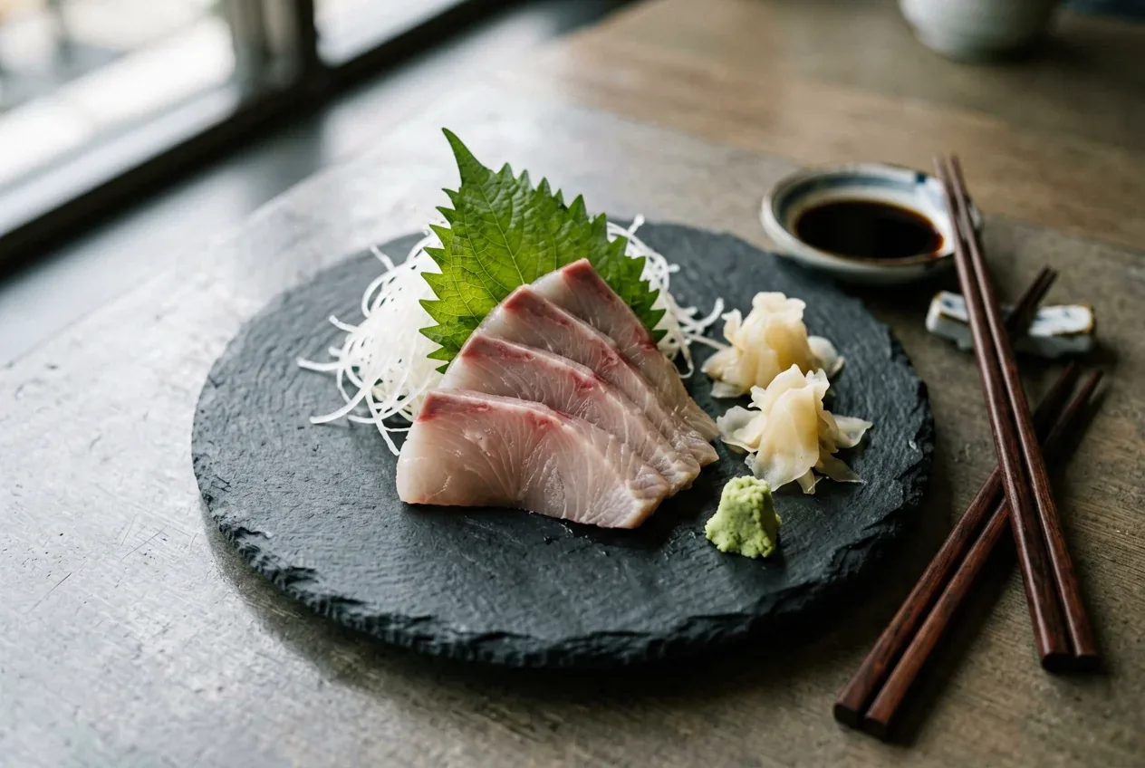 Сашими-микс с тремя видами рыбы на тёмной деревянной доске, вид сверху