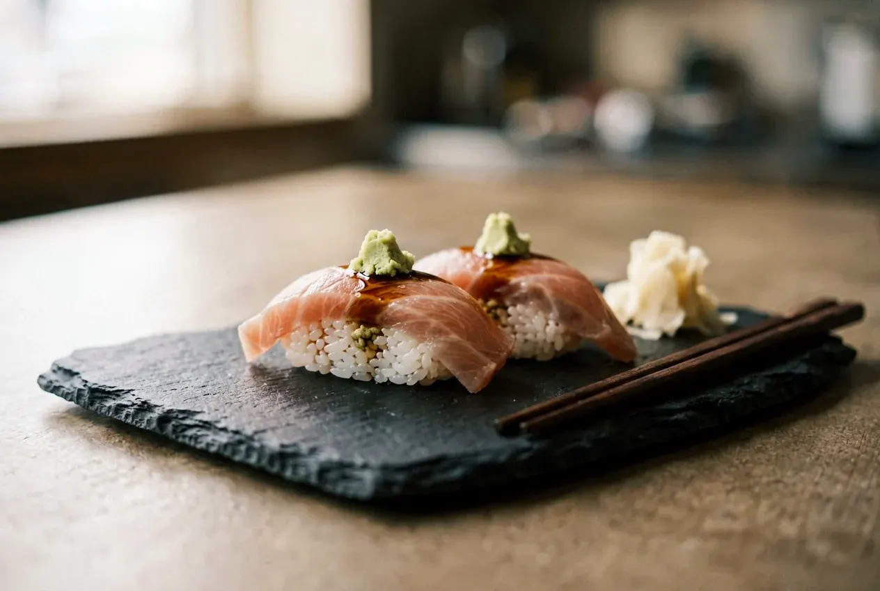 Нигири с обжаренным угрём на тёмной деревянной доске, вид сверху