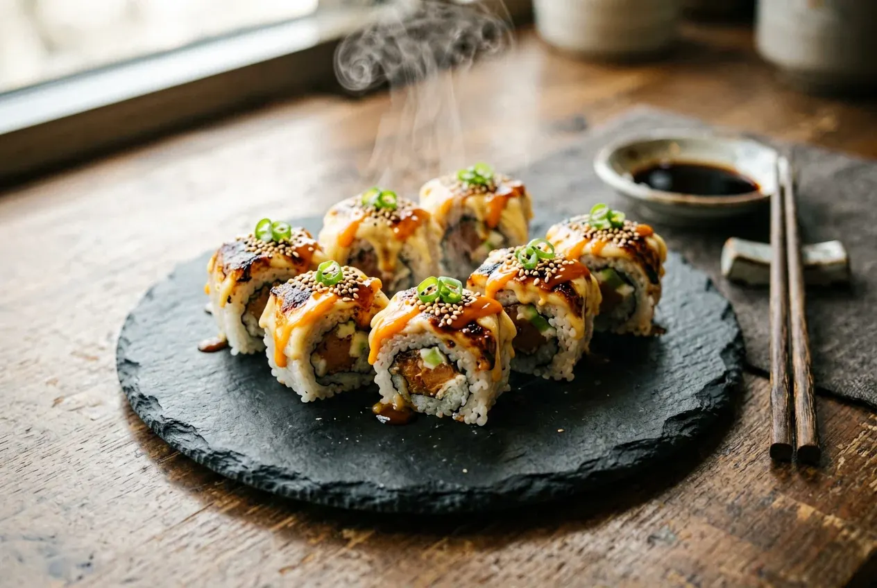 Запечённый с лососем и шпинатом на тёмной деревянной доске, вид сверху