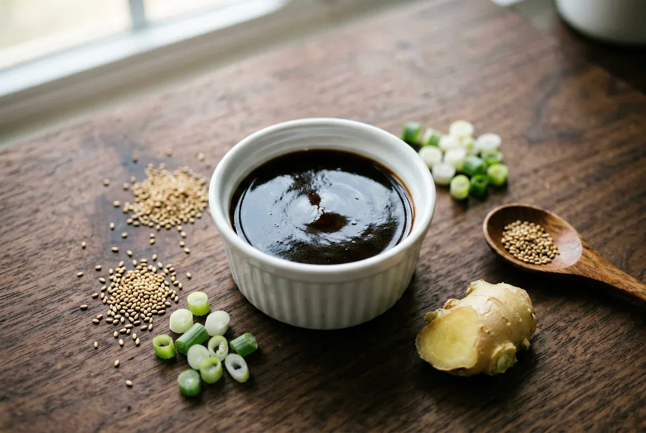 Соус понзу с цитрусом на тёмной деревянной доске, вид сверху