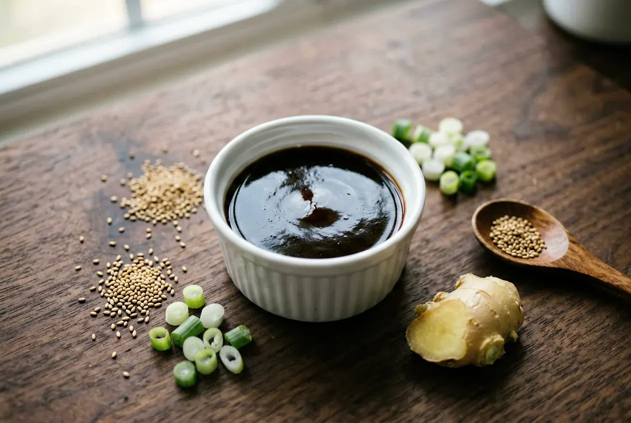 Соус понзу с цитрусом на тёмной деревянной доске, вид сверху