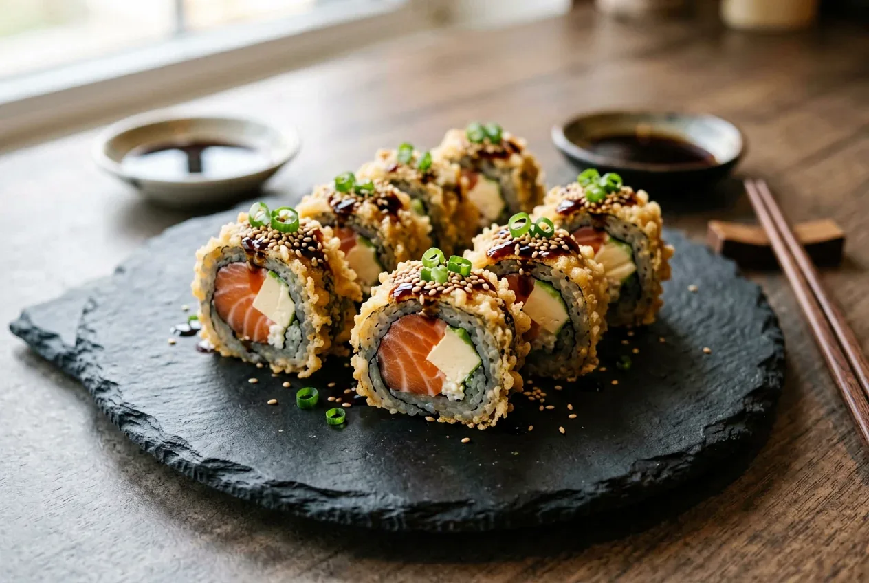 Темпура с лососем и сливочным сыром крупным планом на сланцевой тарелке