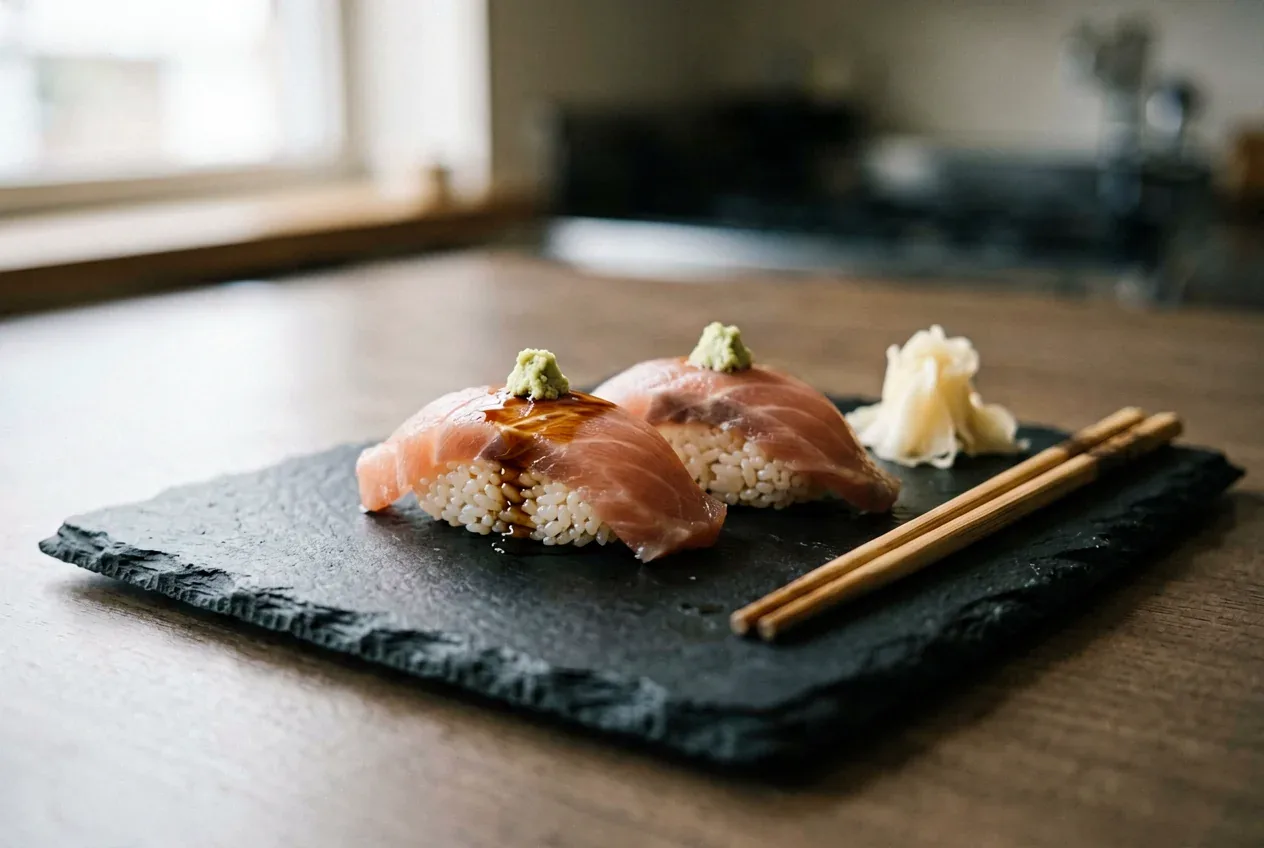 Чираси-боул с тунцом и авокадо на тёмной деревянной доске, вид сверху