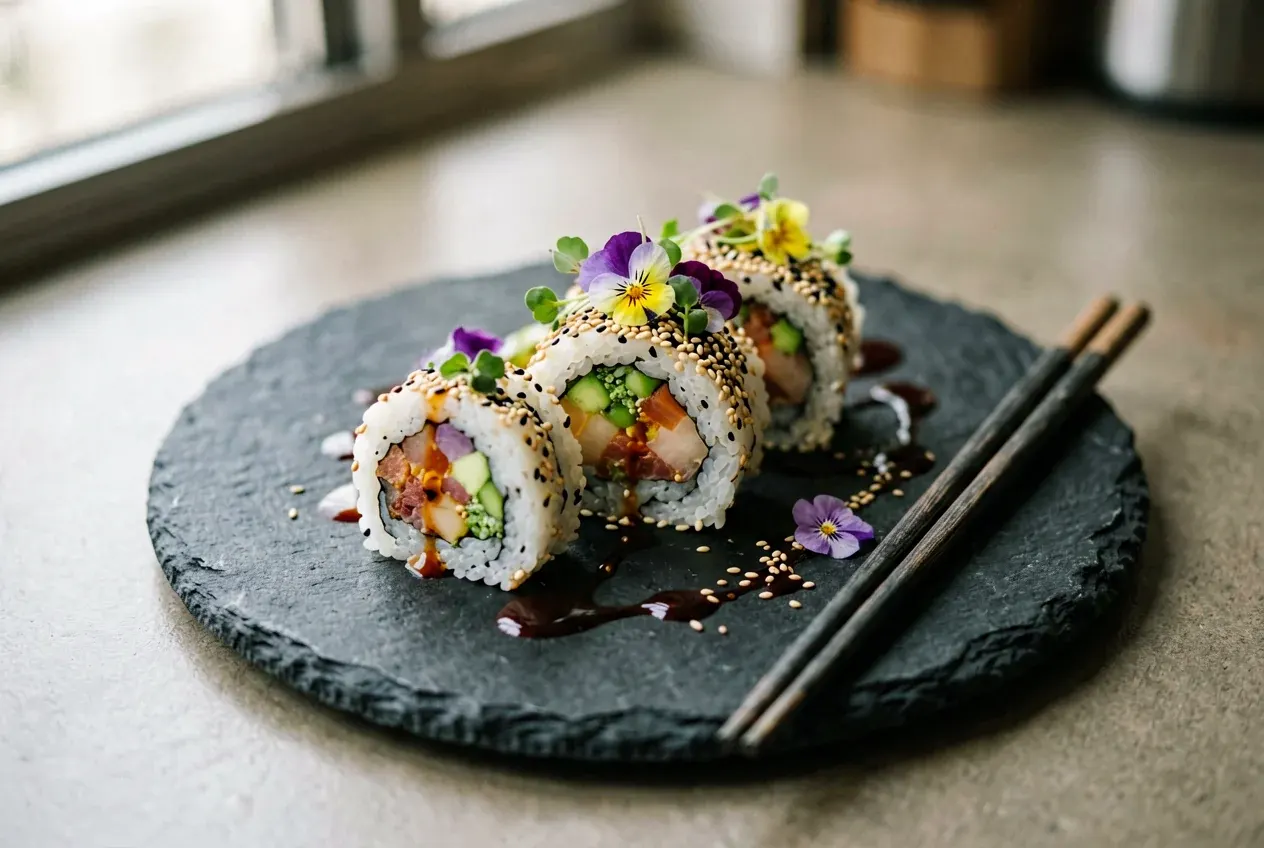 Ролл с гребешком и икрой летучей рыбы на тёмной деревянной доске, вид сверху