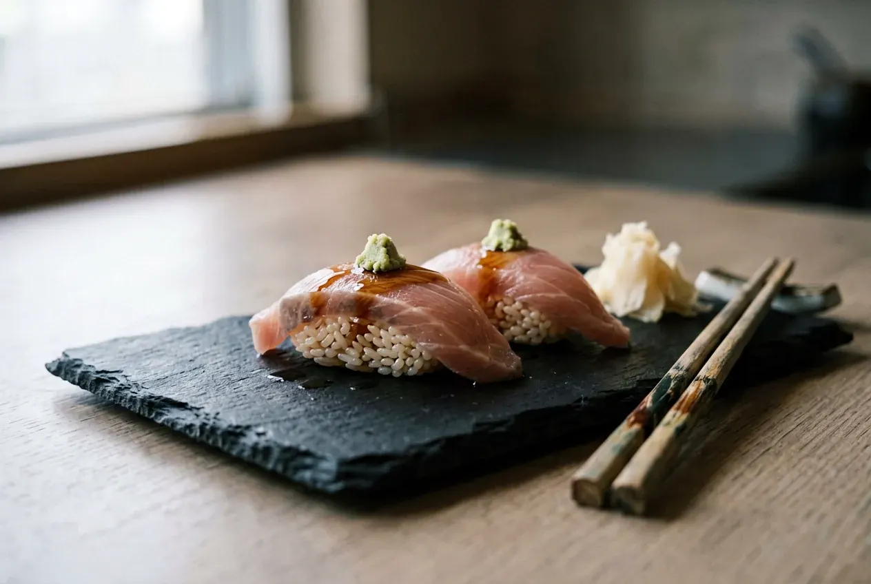 Нигири с лососем и сливочным сыром на тёмной деревянной доске, вид сверху