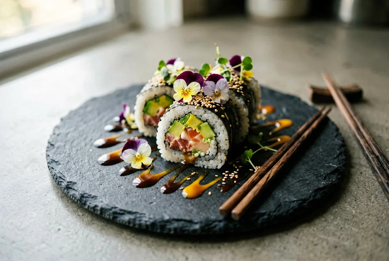 Ролл с фуа-гра и трюфельным маслом на тёмной деревянной доске, вид сверху