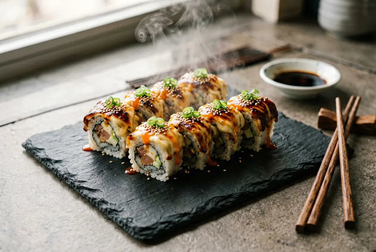 Запечённый с курицей терияки на тёмной деревянной доске, вид сверху