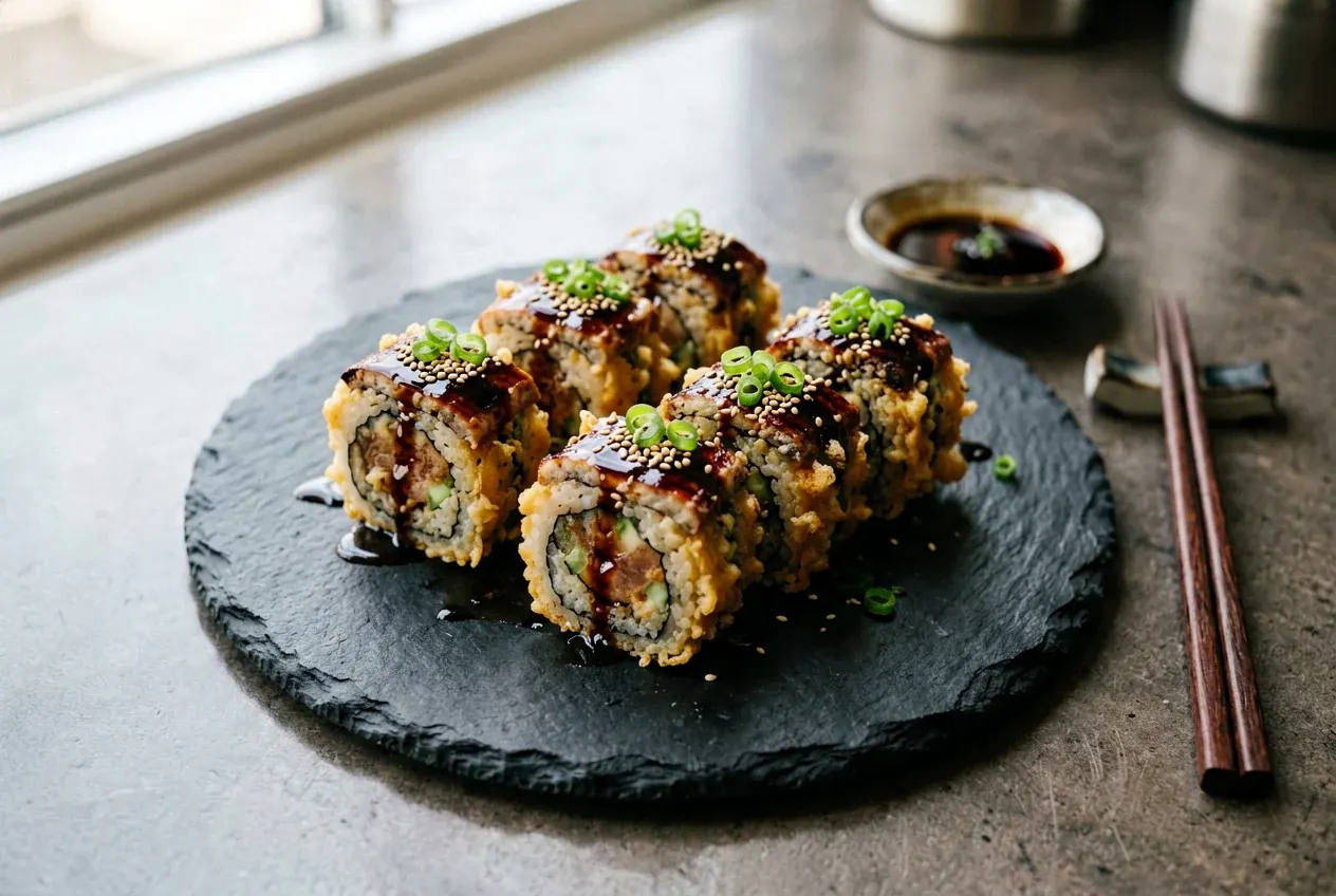 Темпура с креветкой и манго на тёмной деревянной доске, вид сверху