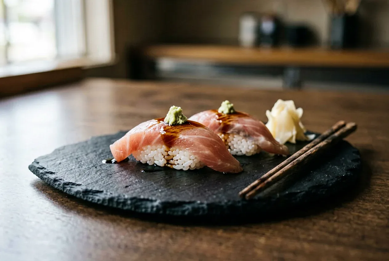 Нигири с лососем на тёмной деревянной доске, вид сверху