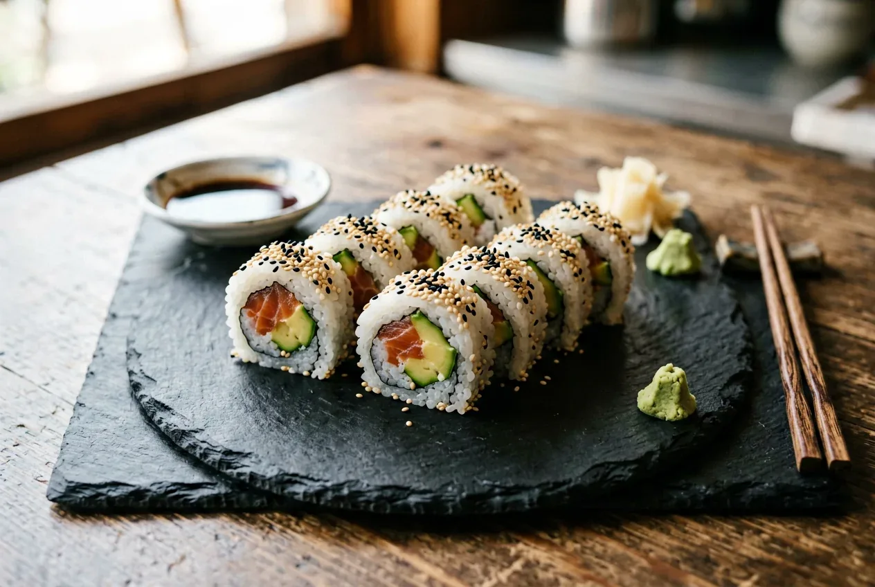 Дракон с угрём и авокадо на тёмной деревянной доске, вид сверху