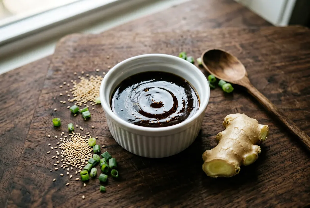 Рис для суши: классическая пропорция на тёмной деревянной доске, вид сверху