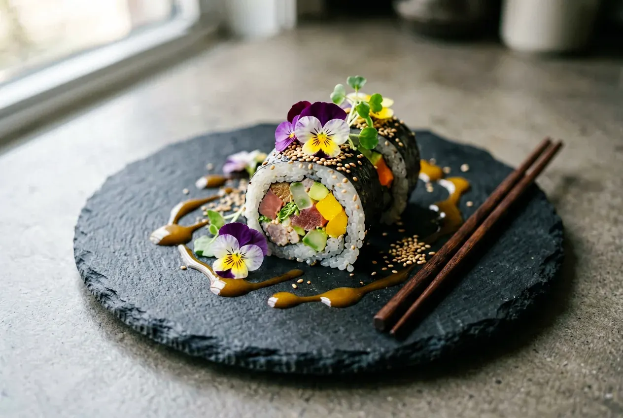 Ролл с тунцом и хамоном на тёмной деревянной доске, вид сверху