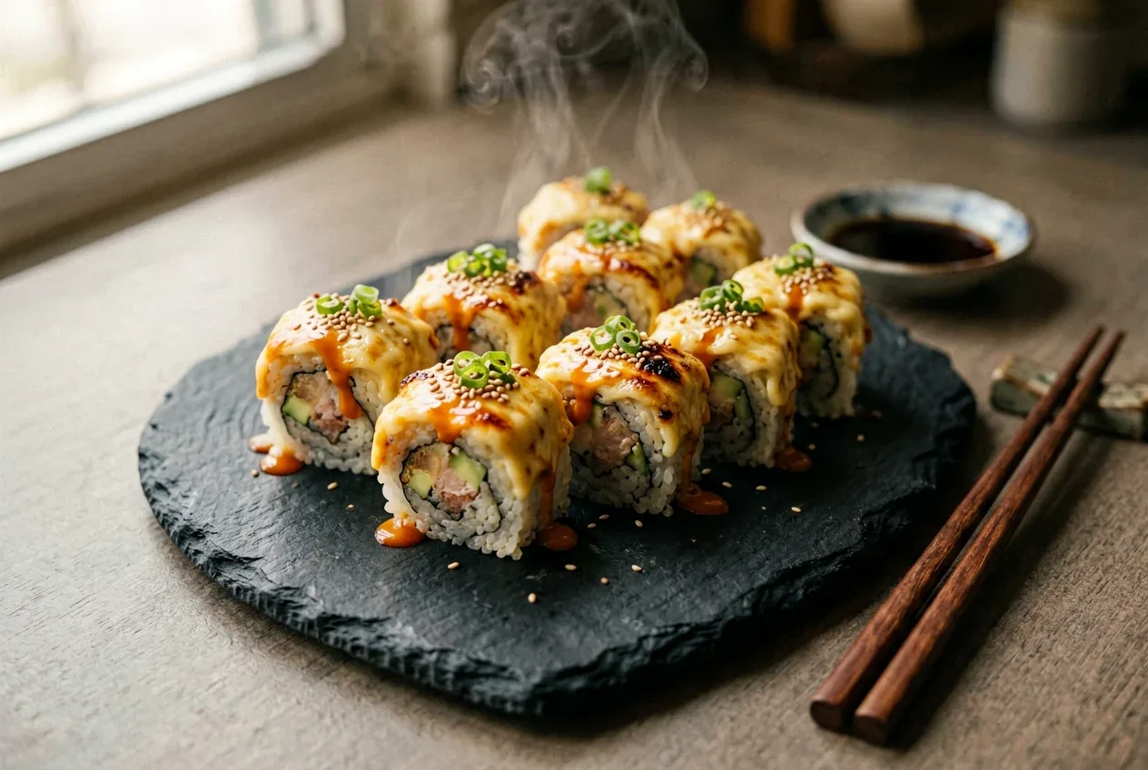 Запечённая Филадельфия с сыром на тёмной деревянной доске, вид сверху