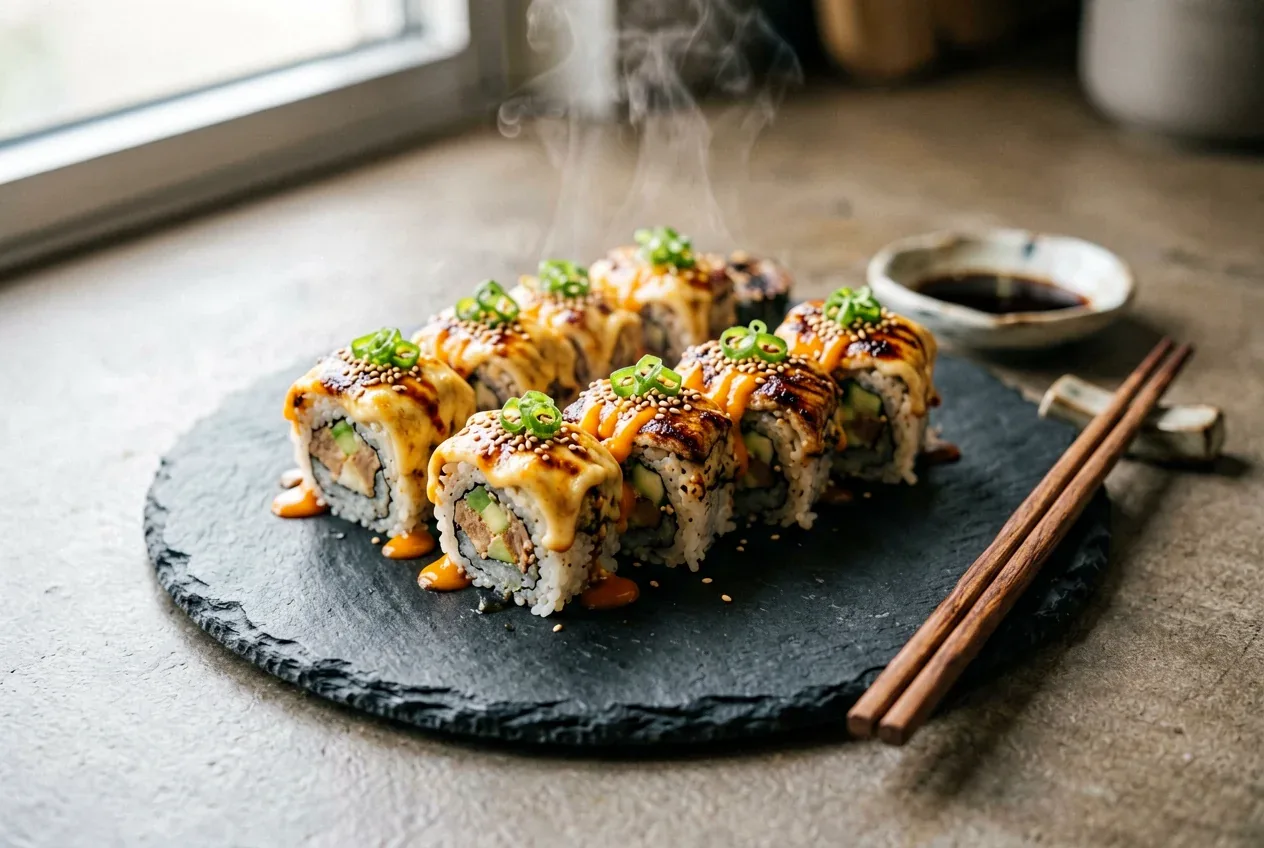 Запечённый с крабом и сыром на тёмной деревянной доске, вид сверху