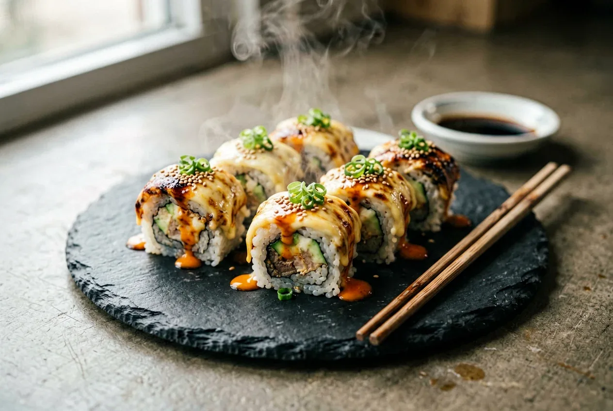 Запечённый с авокадо и сыром (вегетарианский) на тёмной деревянной доске, вид сверху