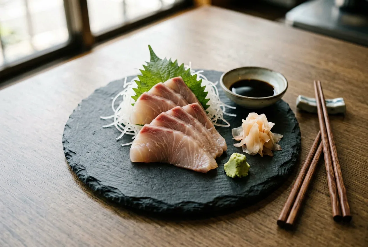 Сашими из белого окуня на тёмной деревянной доске, вид сверху