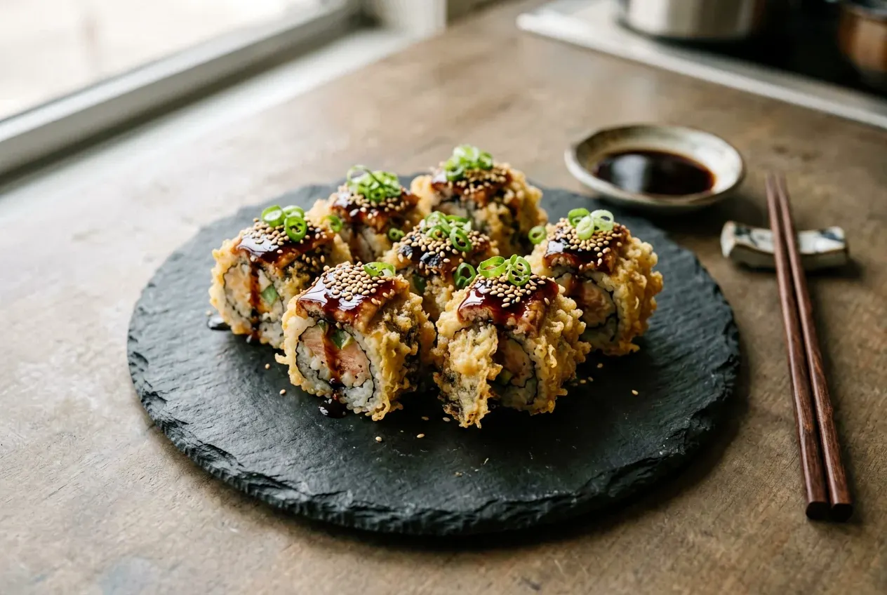 Темпура-ролл с тунцом и авокадо на тёмной деревянной доске, вид сверху