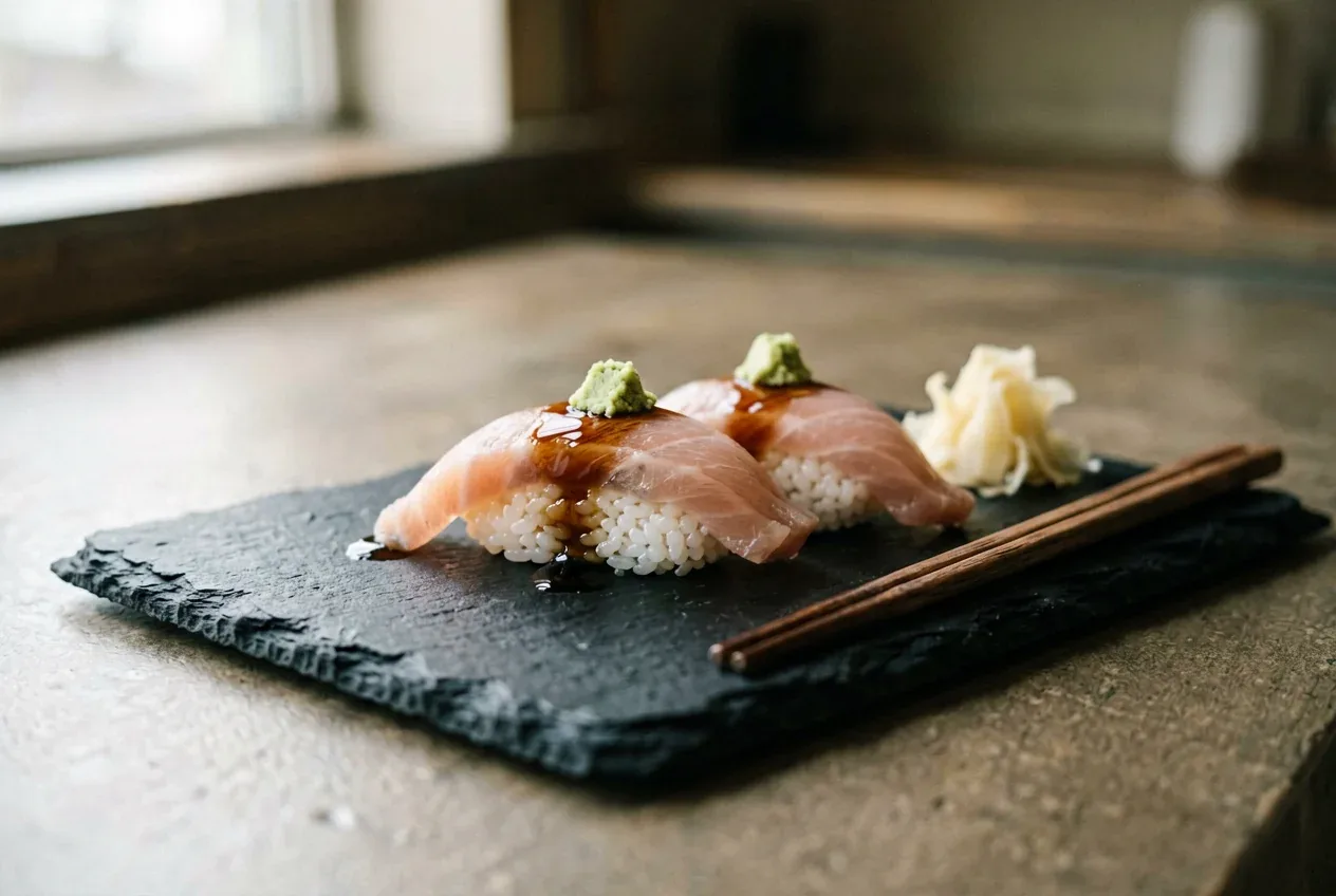 Инари-суши с тофу на тёмной деревянной доске, вид сверху