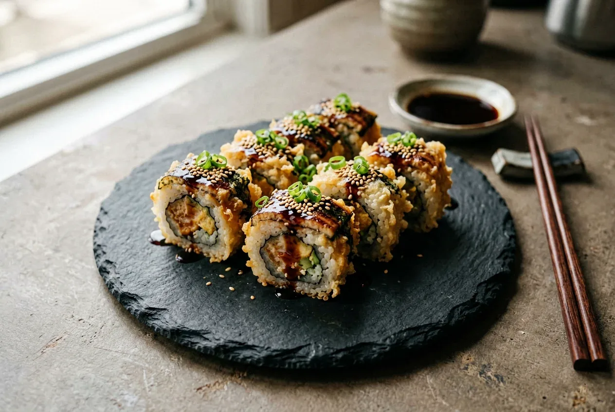 Хот-ролл с лососем и сыром на гриле на тёмной деревянной доске, вид сверху