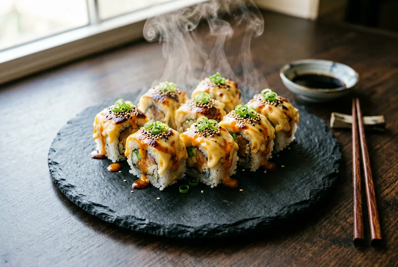 Запечённый с креветкой и икрой тобико на тёмной деревянной доске, вид сверху