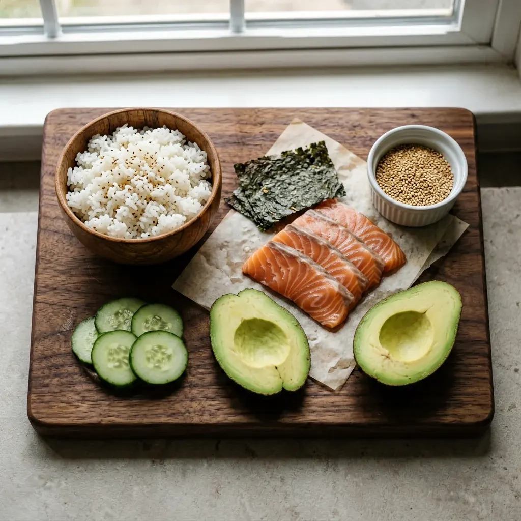 Радужный ролл с пятью видами рыбы — шаг 1